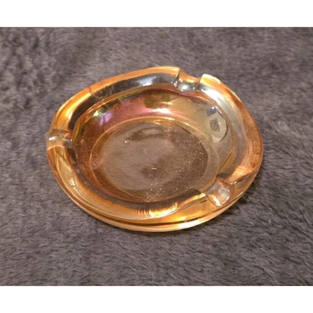 Vintage Amber Glass 3 Inch Round Ashtray Small Trinket Dish Smoking Decor